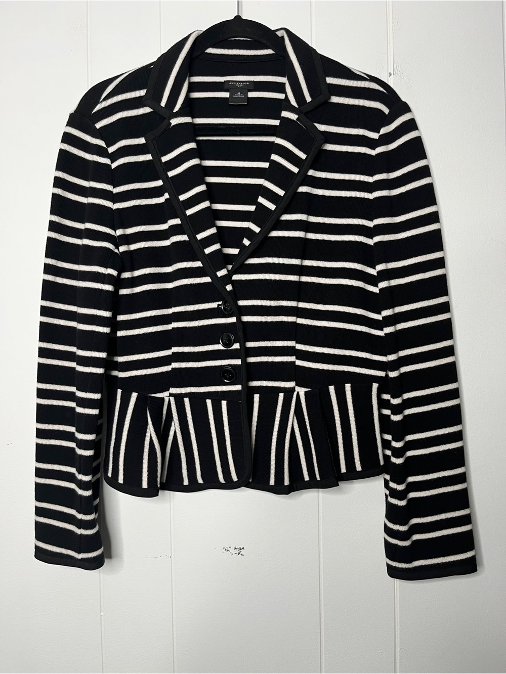 Ann Taylor 100% Cotton Black and White Striped Peplum Sweater Blazer Size M